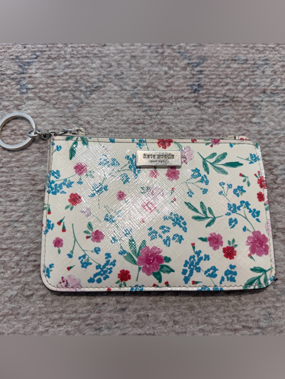 Kate Spade Floral Zip Card Case Wallet Key Ring Cream Pink Blue